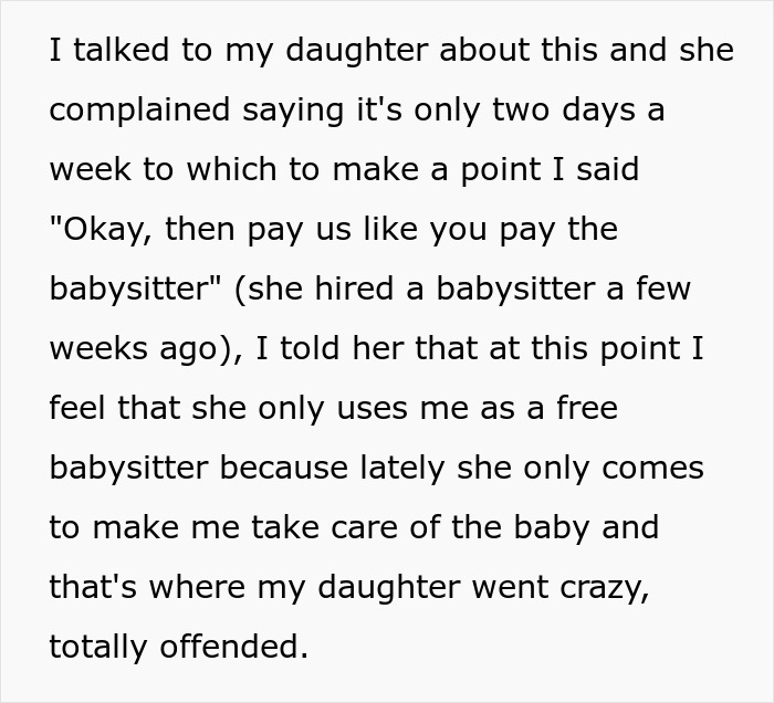 Text excerpt about refusing to take care of granddaughter, addressing being used as a free babysitter by daughter two days a week. Text excerpt about refusing to take care of granddaughter, addressing being used as a free babysitter by daughter two days a week.