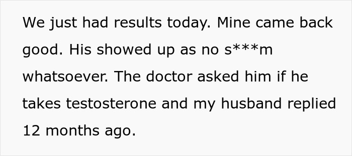 Text message revealing husband’s hormone test results after exposing his lie about testosterone use affecting child’s health. Text message revealing husband’s hormone test results after exposing his lie about testosterone use affecting child’s health.
