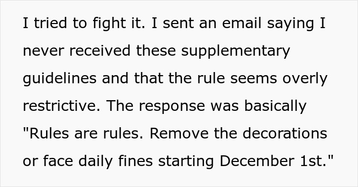 Screenshot of email discussing HOA rules about removing festive decorations to avoid daily fines starting December 1st.