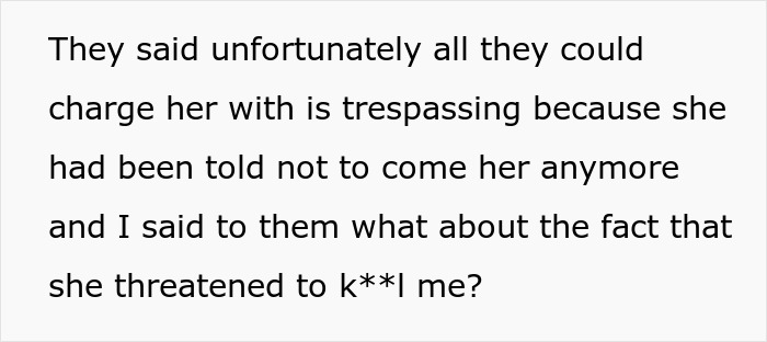 Text excerpt about a woman discussing legal limits and threats leading to a restraining order against her mother-in-law.