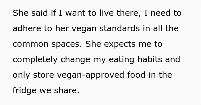 Text about roommate refusing to follow strict vegan rules in shared kitchen and being called selfish. Text about roommate refusing to follow strict vegan rules in shared kitchen and being called selfish.