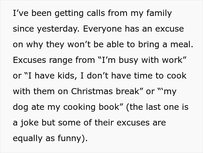 Text showing a frustrated host explaining lazy relatives making excuses for not bringing food to Christmas dinner. Text showing a frustrated host explaining lazy relatives making excuses for not bringing food to Christmas dinner.