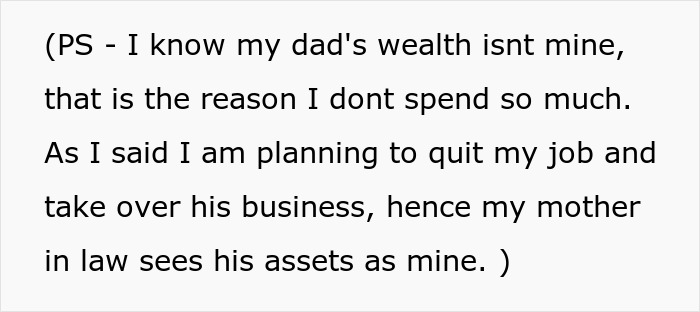 Text excerpt about planning to quit a job to take over family business, future in-laws' view of wealthy family assets.
