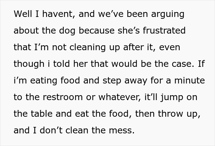 Text excerpt about dog-care home drama showing a conversation on frustration and cleaning up after a dog’s mess. Text excerpt about dog-care home drama showing a conversation on frustration and cleaning up after a dog’s mess.