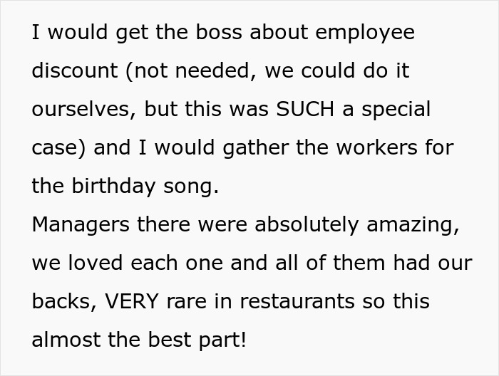 Text excerpt describing supportive restaurant managers and employee discounts during a special birthday celebration.