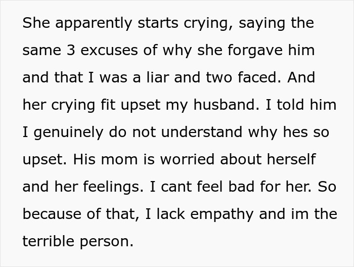 Text conversation about a woman banning MIL’s creepy husband and the impact on her marriage and family emotions. Text conversation about a woman banning MIL’s creepy husband and the impact on her marriage and family emotions.