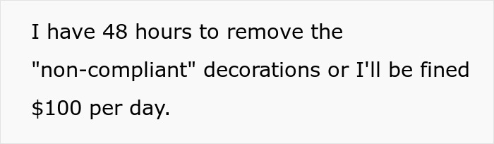 Text image showing a woman horrified after getting bashed by HOA for too festive Xmas decor and facing daily $100 fines.