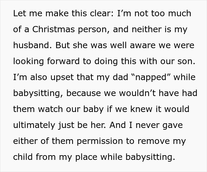 Text excerpt discussing upset feelings about babysitting and unauthorized removal of child, relating to step-grandma sneaking baby to Santa. Text excerpt discussing upset feelings about babysitting and unauthorized removal of child, relating to step-grandma sneaking baby to Santa.