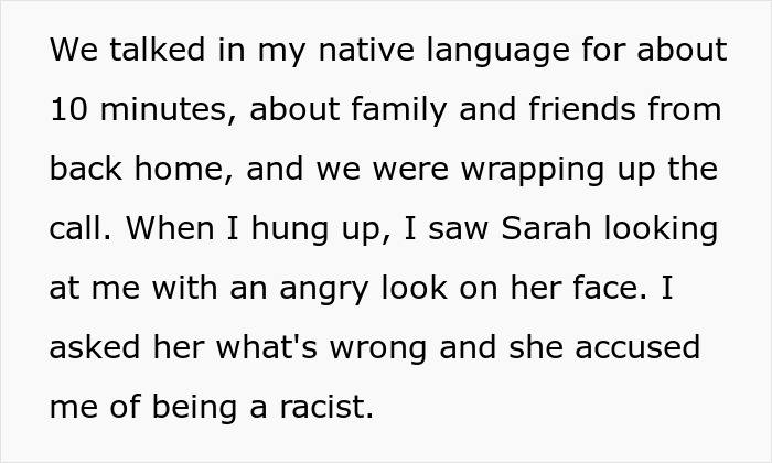 Text describing a man taking a call in Korean while a black coworker looks upset and prepares to involve HR.