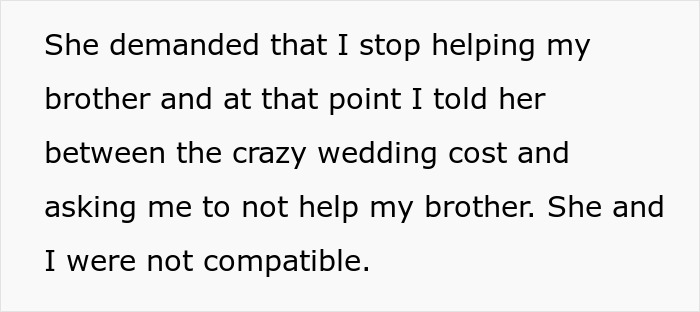 Text excerpt about ending relationship due to debt and clashing values over demanding $35k wedding cost.
