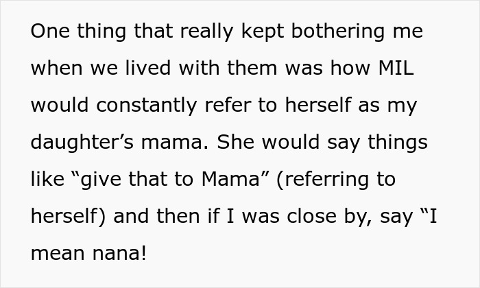 Text excerpt discussing a mother-in-law referring to herself as the toddler&rsquo;s mama, causing discomfort.