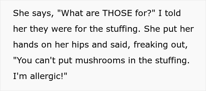 Text excerpt showing a woman calling out her sister-in-law for pretending to have a food allergy to mushrooms.