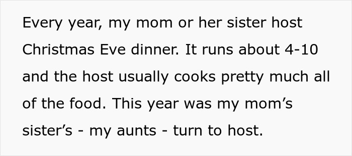 Family gathering for Christmas Eve dinner with no vegan options, hosted by mom’s sister preparing all the food. Family gathering for Christmas Eve dinner with no vegan options, hosted by mom’s sister preparing all the food.