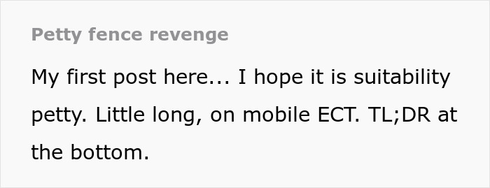 Text excerpt titled Petty fence revenge, describing a first post about suitability and mobile ECT with a TL;DR note. Text excerpt titled Petty fence revenge, describing a first post about suitability and mobile ECT with a TL;DR note.