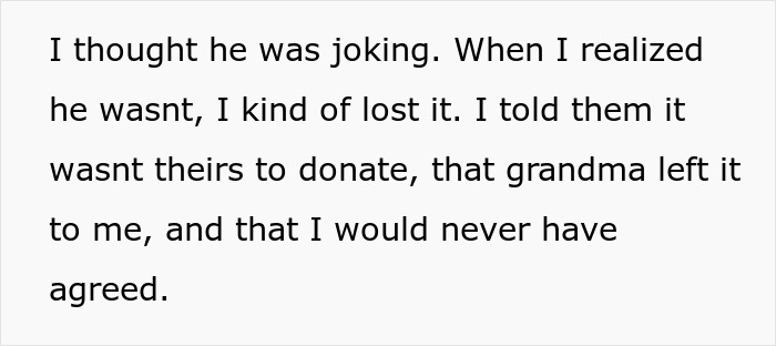 Text on white background about parents donating daughter&rsquo;s inherited piano to church and conflict after she calls pastor to reclaim it.