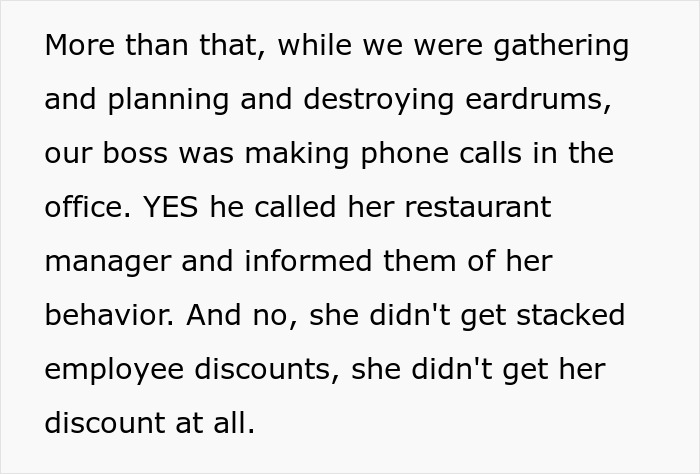Text excerpt describing a boss calling a restaurant manager to report an entitled waitress’s behavior and deny her discounts.