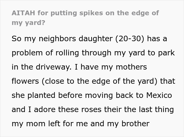 Text post discussing neighbor’s daughter repeatedly driving over yard, leading to spikes to protect flowers from damage. Text post discussing neighbor’s daughter repeatedly driving over yard, leading to spikes to protect flowers from damage.
