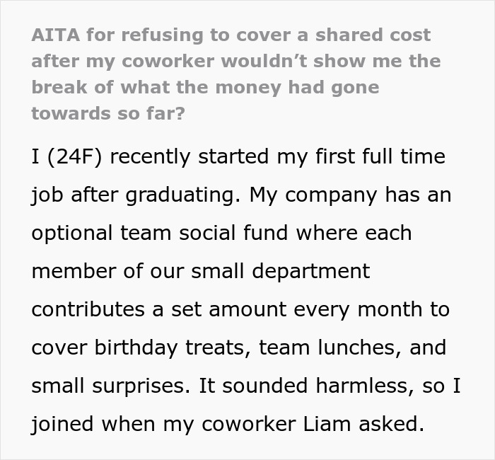 Woman refuses to pay fund manager without receipts, questioning missing transparency in shared team social fund contributions. Woman refuses to pay fund manager without receipts, questioning missing transparency in shared team social fund contributions.