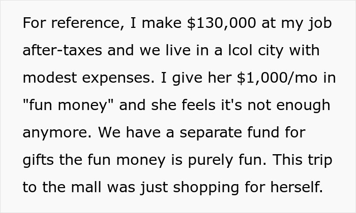 Text discussing a SAHM feeling poor despite receiving 1,000 dollars per month as fun money from her husband. Text discussing a SAHM feeling poor despite receiving 1,000 dollars per month as fun money from her husband.