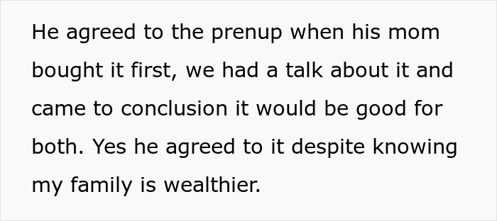 Text passage about future in-laws demanding a prenup and agreeing after realizing the woman’s wealthy family situation.