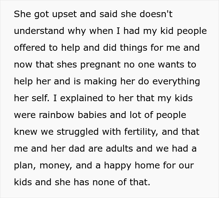 Text excerpt showing a stepmom delivering a brutal reality check to pregnant stepdaughter about fertility and support.