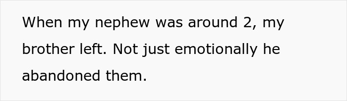 Text on a white background about a brother who emotionally and physically abandoned his kid when the nephew was around 2 years old. Text on a white background about a brother who emotionally and physically abandoned his kid when the nephew was around 2 years old.