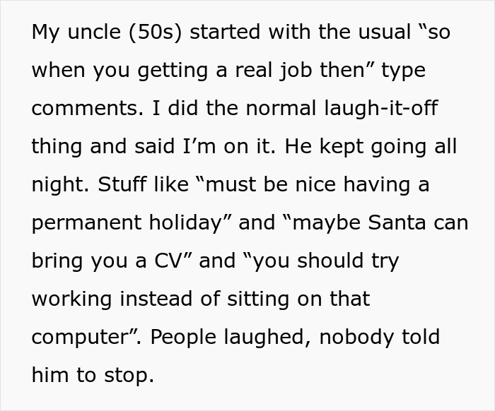 Alt text: Man leaves Christmas dinner after uncle’s jokes escalate, causing tension with mom and family embarrassment over holiday remarks.