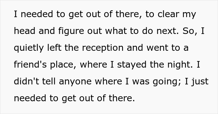 Text excerpt about a bride leaving a reception after overhearing the groom’s unexpected revelations about her.