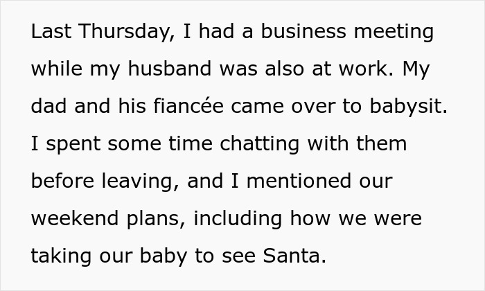 Step-grandma sneaks baby to see Santa while babysitting, leading to losing babysitting privileges forever. Step-grandma sneaks baby to see Santa while babysitting, leading to losing babysitting privileges forever.