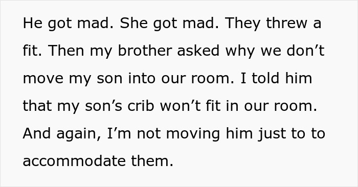 Text excerpt showing a woman explaining why she won’t move her son’s crib to accommodate her brother and his wife’s demands.
