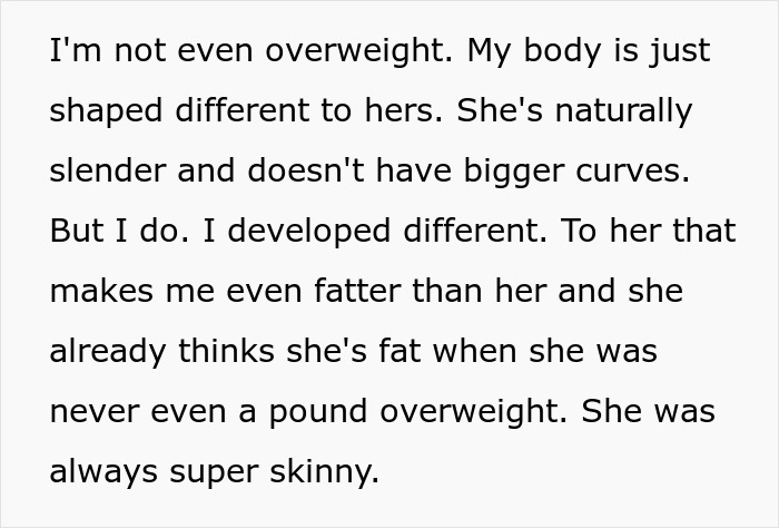 Text excerpt discussing body image differences between two sisters amid family conflict before a holiday reunion.