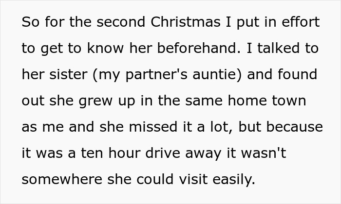 Text excerpt about woman upset with son’s partner visiting without a gift after she asked to avoid tacky trinkets. Text excerpt about woman upset with son’s partner visiting without a gift after she asked to avoid tacky trinkets.