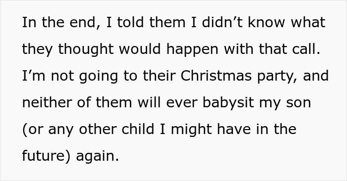 Text excerpt showing a parent explaining loss of babysitting privileges after step-grandma sneaks baby to Santa while watching him. Text excerpt showing a parent explaining loss of babysitting privileges after step-grandma sneaks baby to Santa while watching him.
