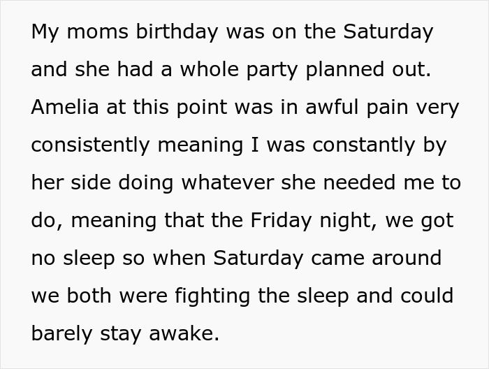 Text excerpt describing a mom's birthday party plans disrupted by sleep deprivation and care for a daughter in pain. Text excerpt describing a mom's birthday party plans disrupted by sleep deprivation and care for a daughter in pain.