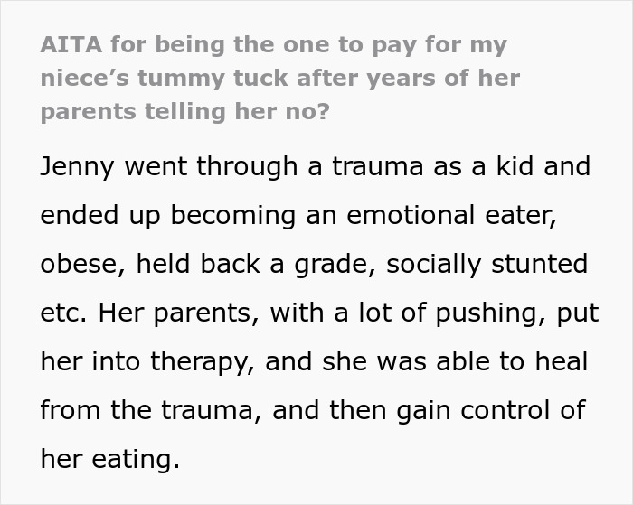 Text discussing aunt paying for niece’s tummy tuck amid family drama and emotional trauma from past challenges.
