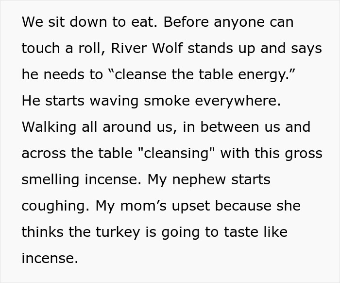 Barefoot spiritual advisor causing comical chaos at Thanksgiving dinner, waving incense and upsetting the family.