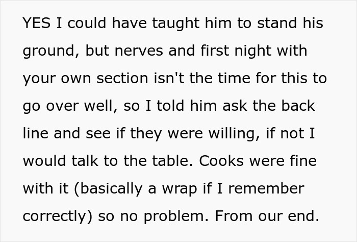 Text excerpt showing a story about an entitled waitress and staff serving a perfect dish of revenge in a dining setting.