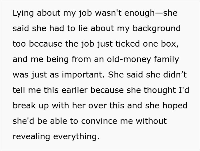 Man wonders if his relationship is doomed after girlfriend pressures him to lie about his career and background.