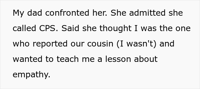 Text excerpt describing a woman’s sister calling CPS on her autistic son as an empathy lesson controversy. Text excerpt describing a woman’s sister calling CPS on her autistic son as an empathy lesson controversy.