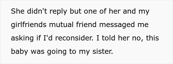 Text message discussing reconsideration of adopting baby and decision for friend’s sister to adopt instead. Text message discussing reconsideration of adopting baby and decision for friend’s sister to adopt instead.