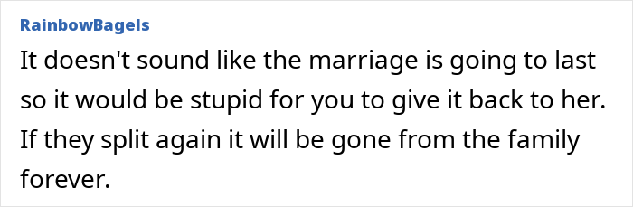 Comment about woman pawning family heirloom ring and concerns over it being returned after SIL buys it back. Comment about woman pawning family heirloom ring and concerns over it being returned after SIL buys it back.