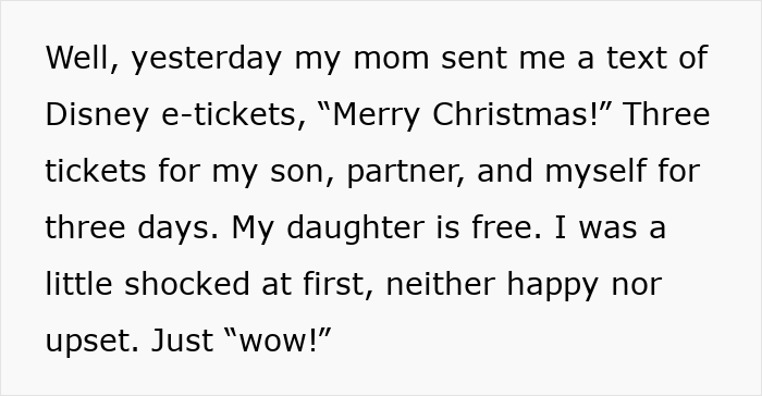 Text message about Disney e-tickets sent by mom, highlighting family trips and feelings of debt and guilt associated with the gift. Text message about Disney e-tickets sent by mom, highlighting family trips and feelings of debt and guilt associated with the gift.
