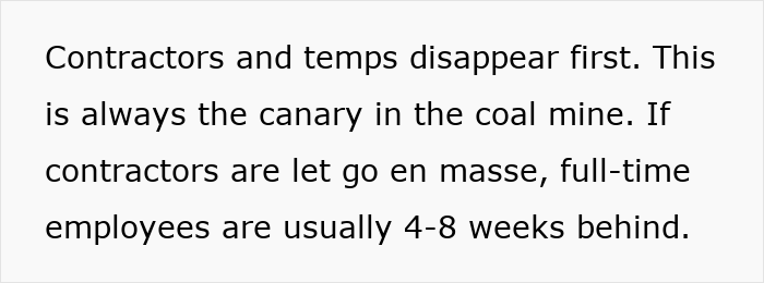 Text about contractors and temps disappearing first as subtle red flags indicating job insecurity in the workplace. Text about contractors and temps disappearing first as subtle red flags indicating job insecurity in the workplace.