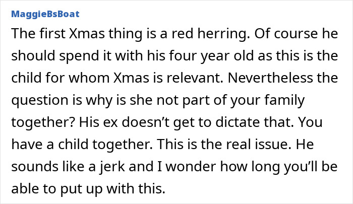 Comment criticizing husband for ditching wife and baby on Christmas but spending time with his other kid, highlighting family issues. Comment criticizing husband for ditching wife and baby on Christmas but spending time with his other kid, highlighting family issues.