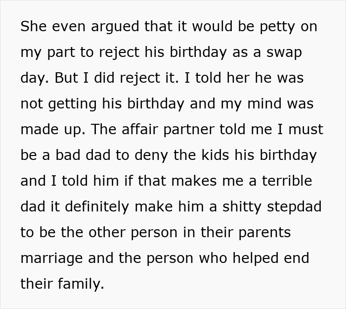 Text discussing a kids custody relationship conflict involving a child's birthday and parental disagreements. Text discussing a kids custody relationship conflict involving a child's birthday and parental disagreements.