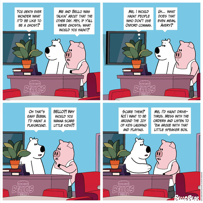 Comic strip featuring Bello Bear and a pig character discussing humorous ghost stories in a colorful deli setting.