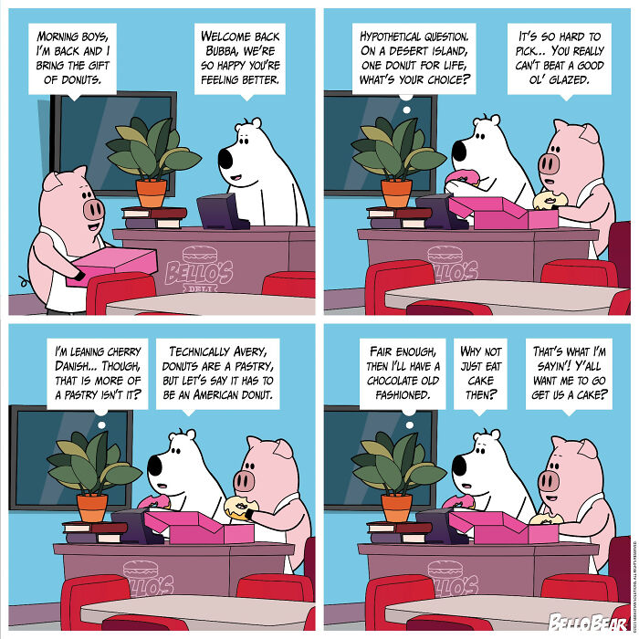 Comic strip by Bello Bear featuring a bear and pig humorously debating donuts in a cozy indoor setting.