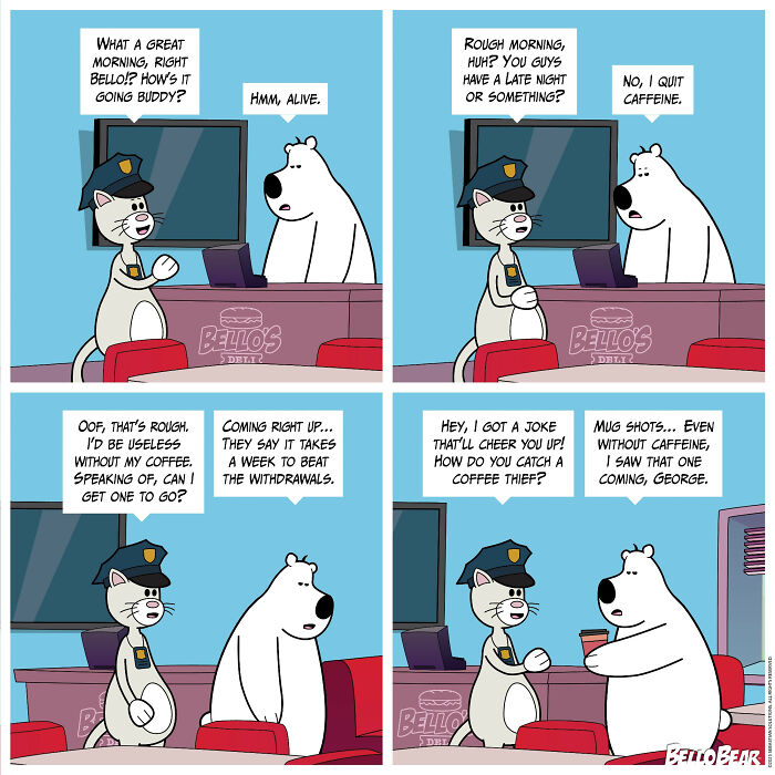 Comic strip featuring Bello Bear and a cat character humorously discussing caffeine and coffee a*******n.