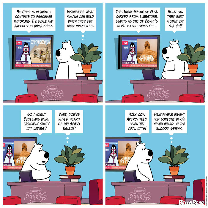 Comic artist Bello Bear creating humor and curiosity through addictive online comic stories featuring iconic symbols and viral cats.