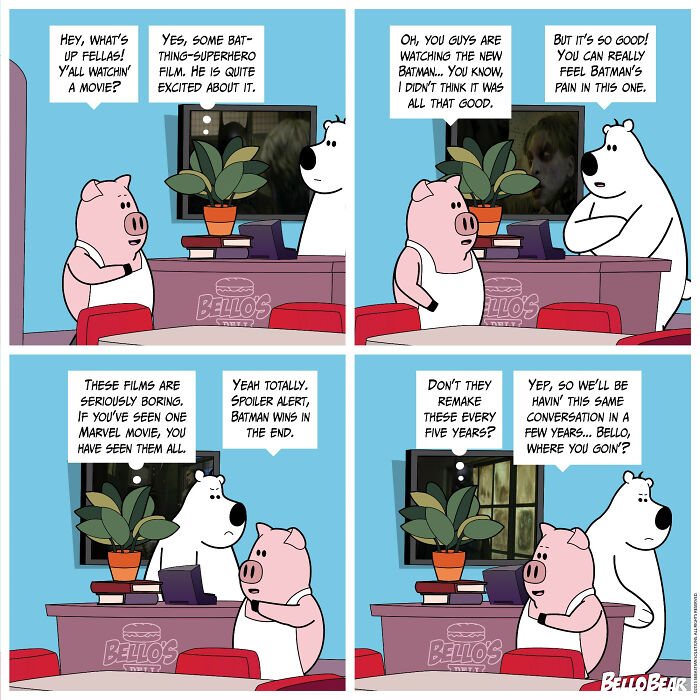 Comic strip panel featuring Bello Bear and a pig character discussing superhero movies, showcasing humor and curiosity in online stories.